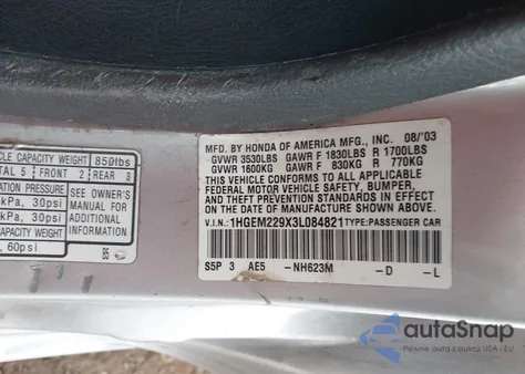 2003 Honda Civic Ex из США, поврежденный, VIN 1HGEM229X3L084821